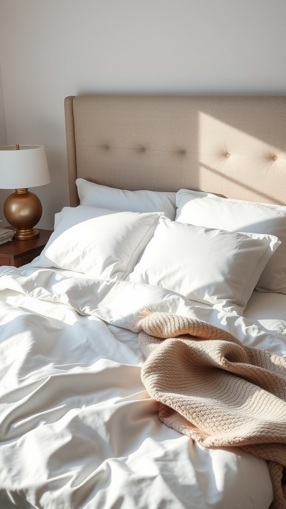 Crisp white bedding with a textured throw blanket in a cozy bedroom setting