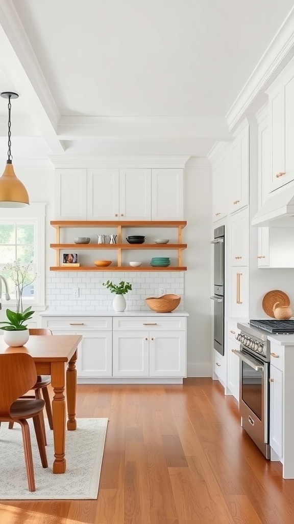 A modern farmhouse kitchen featuring white cabinets, wooden shelves, and crown molding.
