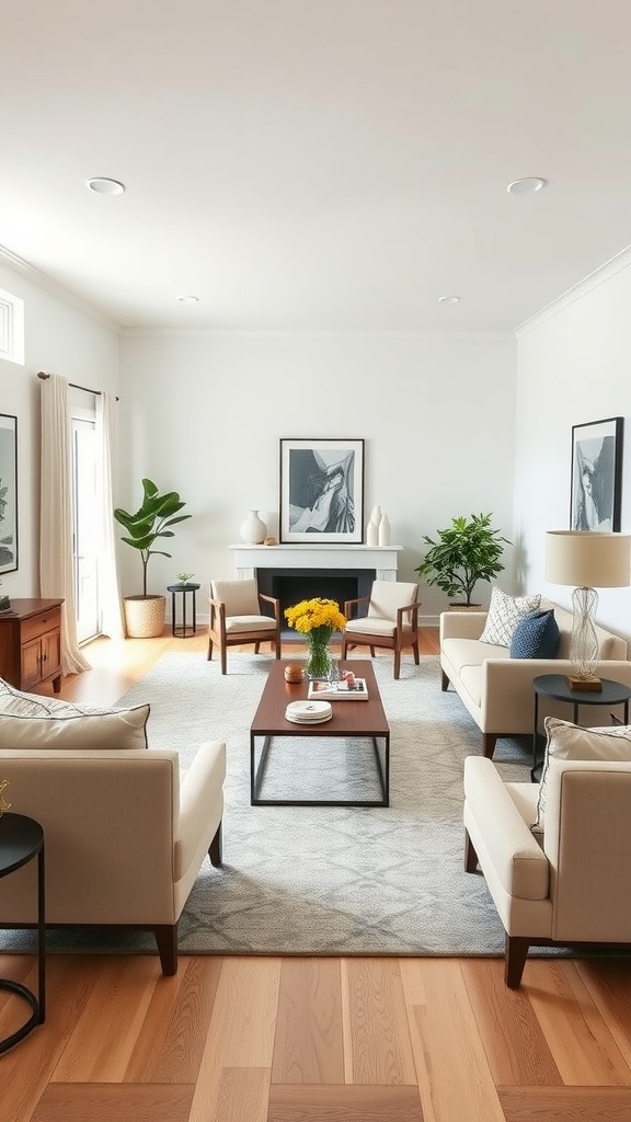 A stylish living room and dining room combo featuring symmetrical furniture arrangement, plants, and decorative art.