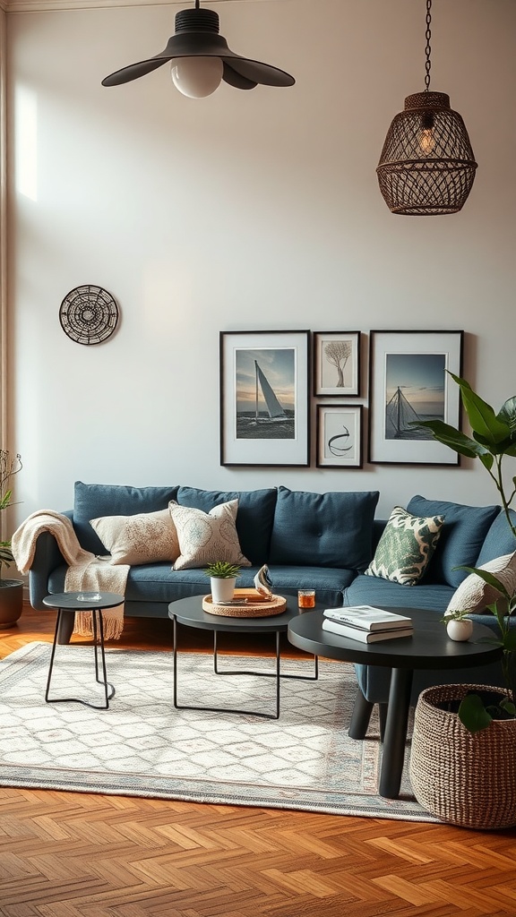 A cozy living room featuring a curved blue sofa with throw pillows, round coffee tables, and warm wooden floors in a dark boho style.