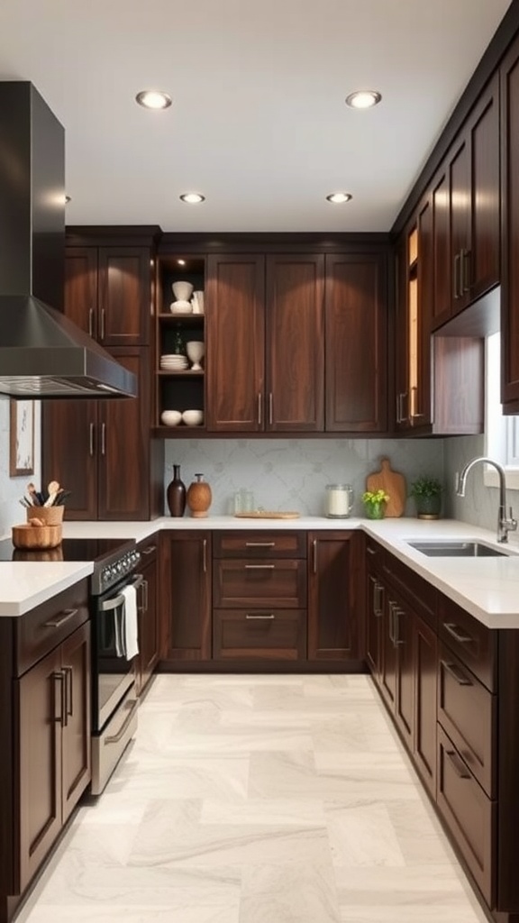 A modern kitchen with dark wood custom cabinets, sleek countertops, and open shelving.