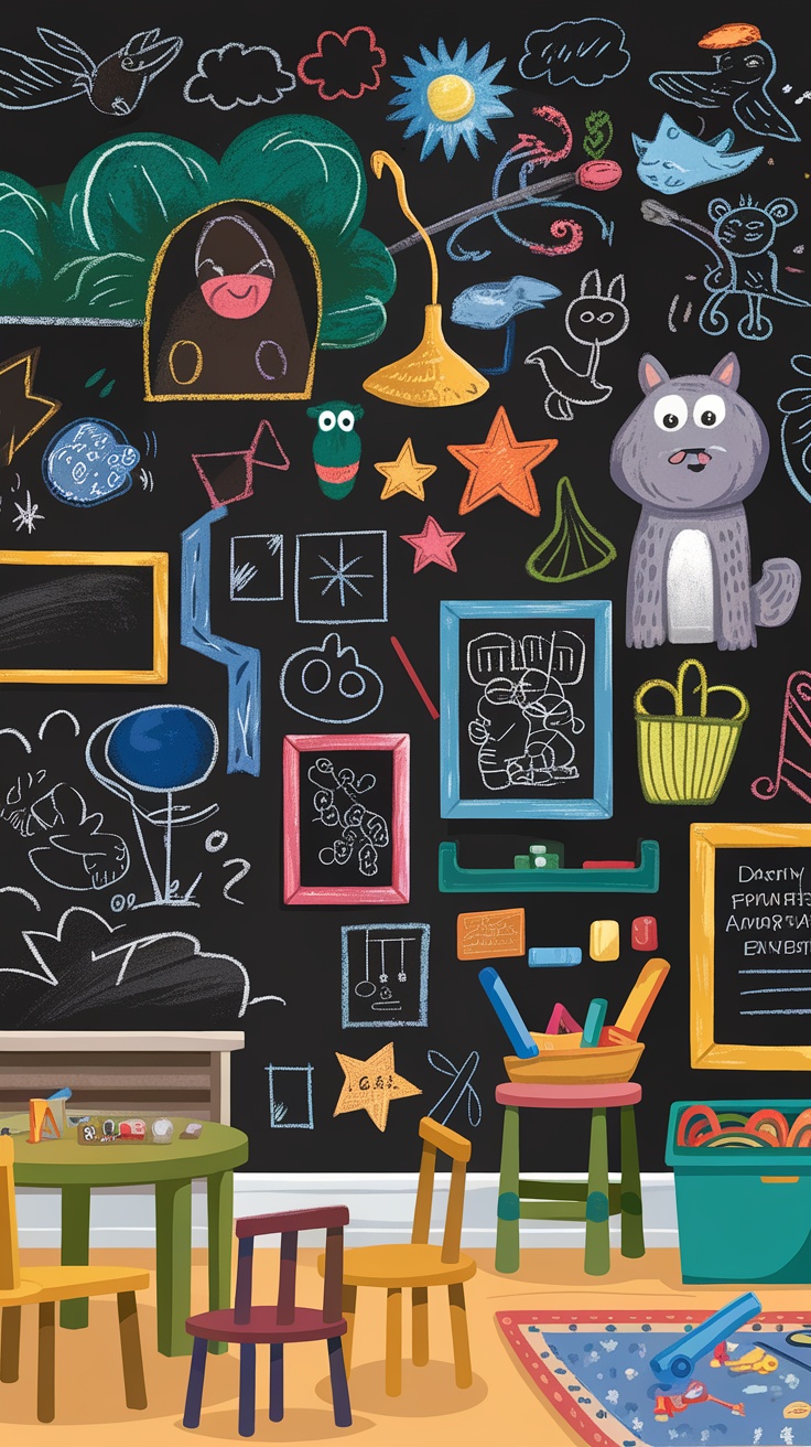 A colorful chalkboard wall with doodles and notes, featuring a blue chair and some decorative items in front.