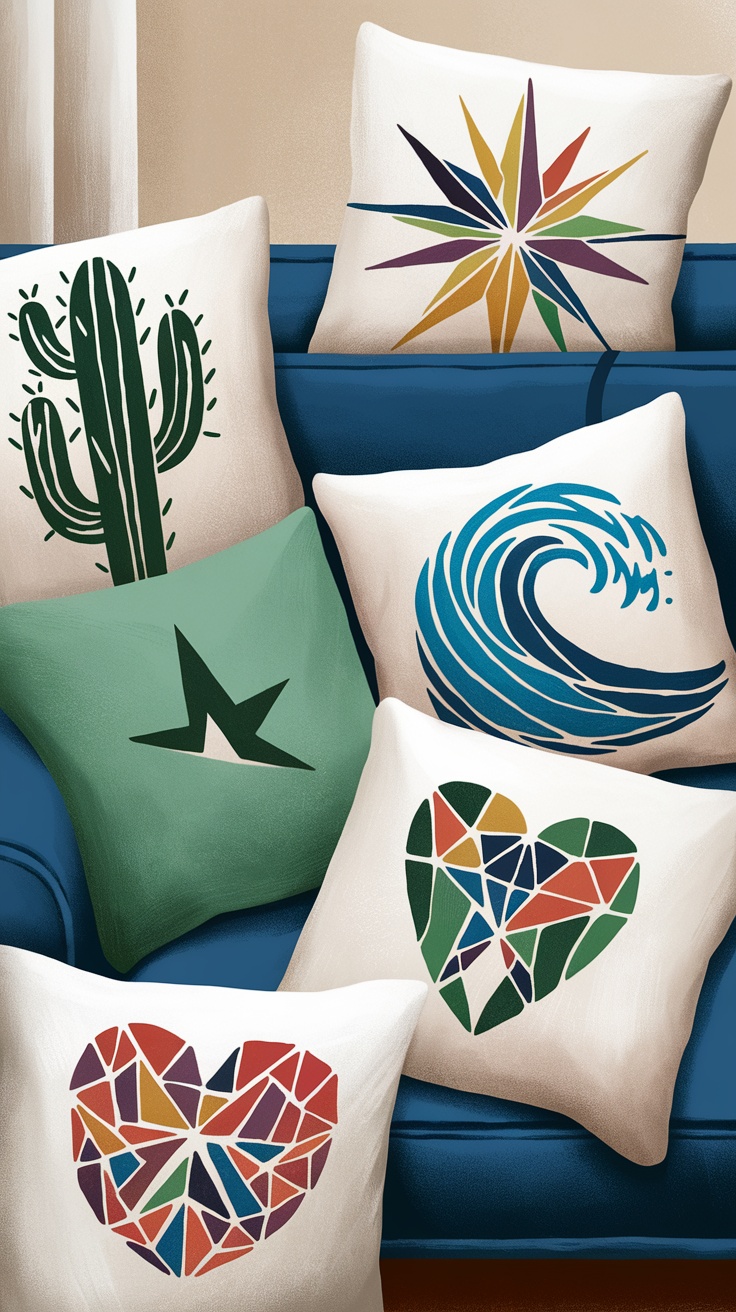 Customized stenciled throw pillows in black and white with various designs and phrases.