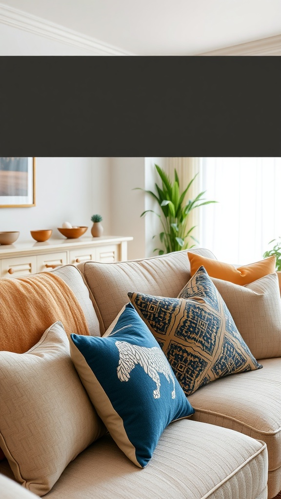 Customized throw pillows on a cozy couch, showcasing a blend of colors and patterns.