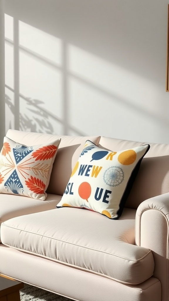 A cozy sofa with colorful customized throw pillows