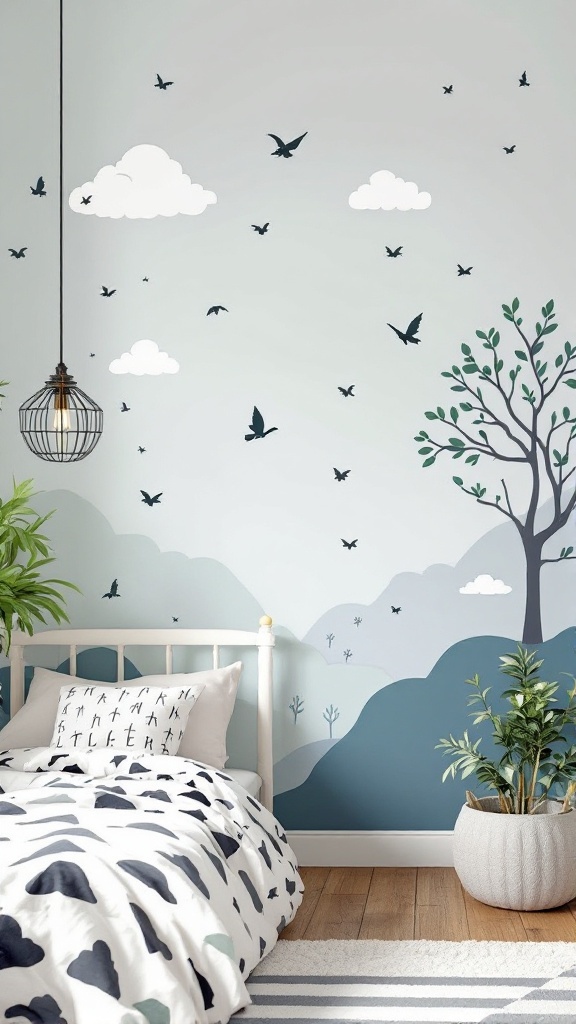 A cozy bedroom featuring customized wall decals of trees, mountains, clouds, and birds.
