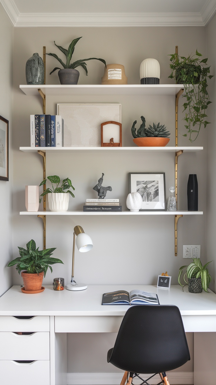 A workspace featuring customized black wall shelves displaying frames and plants.