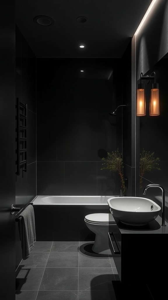Modern bathroom featuring dark tiles, a white basin, and warm lighting.