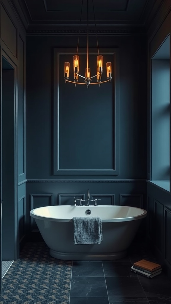A dark blue bathroom featuring a freestanding tub, dramatic chandelier, and elegant decor.