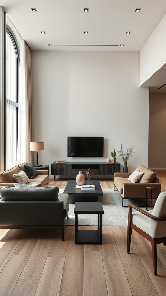 A modern living room featuring dark wood furniture, light-colored sofas, and a cozy atmosphere.