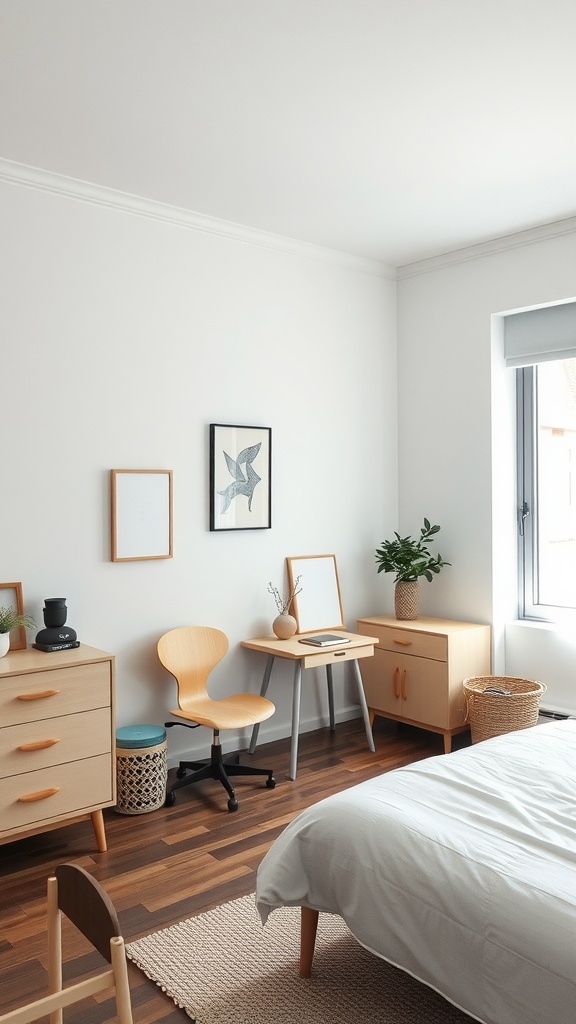 A minimalist bedroom featuring a wooden chair, desk, and potted plant, with neutral colors and simple decor.