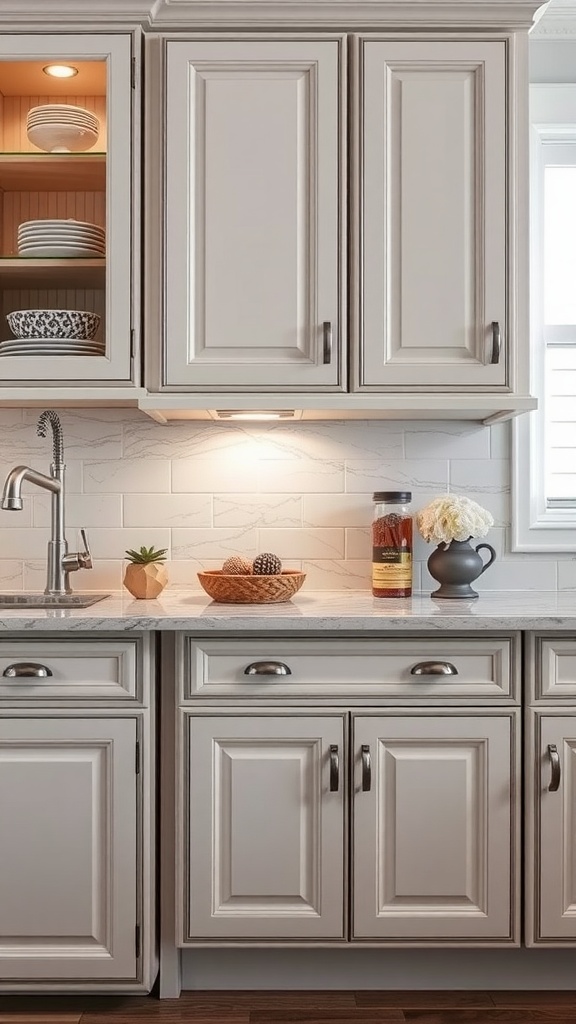 A modern kitchen with decorative cabinet hardware and open shelving displaying dishware.