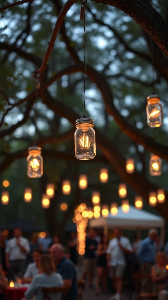 Mason jar lanterns hanging from tree branches, illuminating a festive outdoor setting.