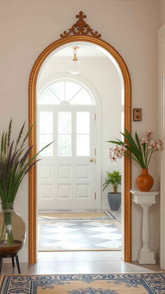 Decorative mirror frame in an entryway with plants and a stylish door