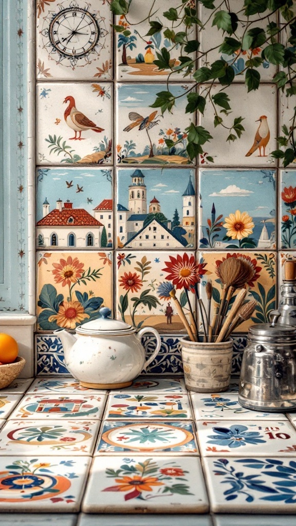 A collection of decorative painted tiles featuring floral and scenic designs in a cozy kitchen setting.