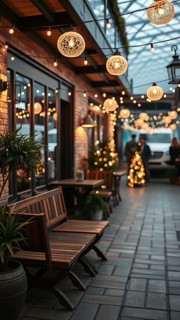 A cozy outdoor area decorated with string lights and plants.