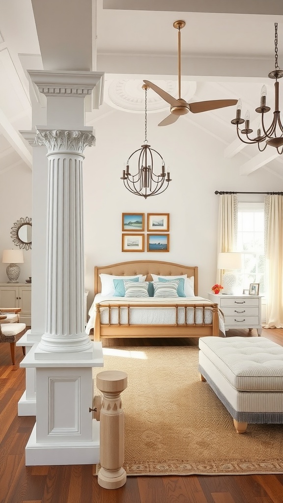 A bright country bedroom featuring decorative white accent pillars, a wooden bed, and stylish decor.