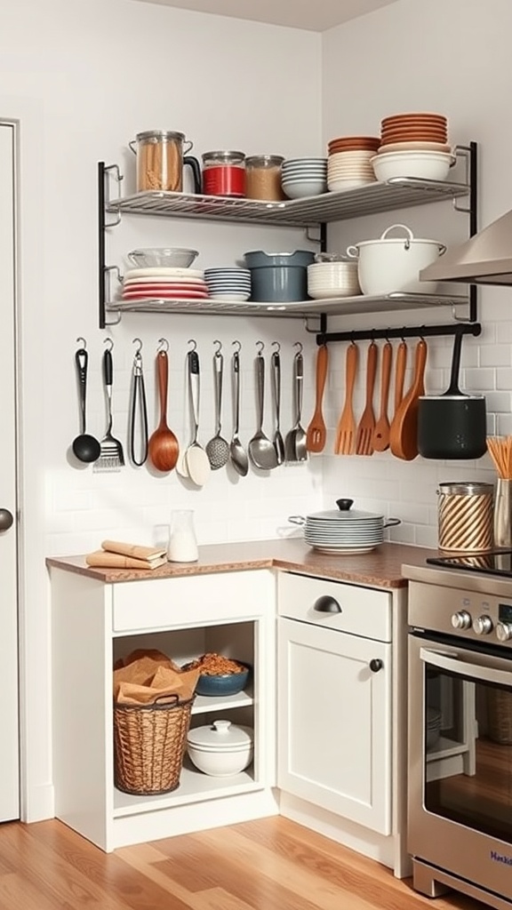 A cozy kitchen corner featuring a dedicated baking station with shelves holding various baking supplies, pots, and utensils.