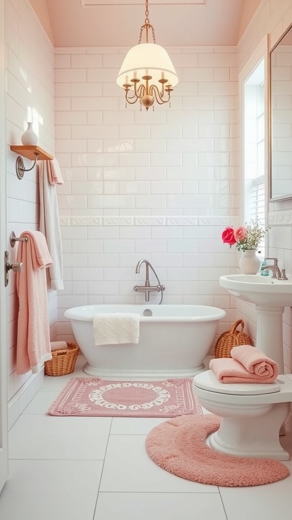 A cozy bathroom featuring rose-hued towels, rugs, and a warm chandelier.