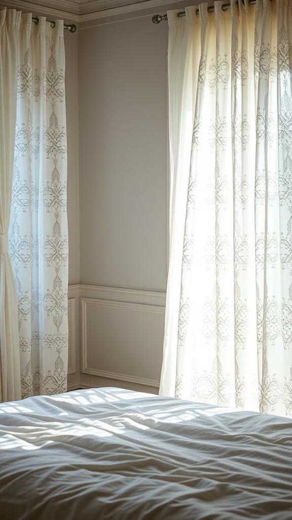 Delicate white lace curtains hanging in a bright bedroom