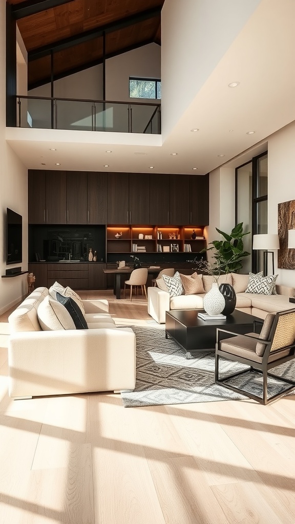 A cozy living room and dining room combo featuring soft furniture, large windows, and light wooden floors, designed for entertaining.