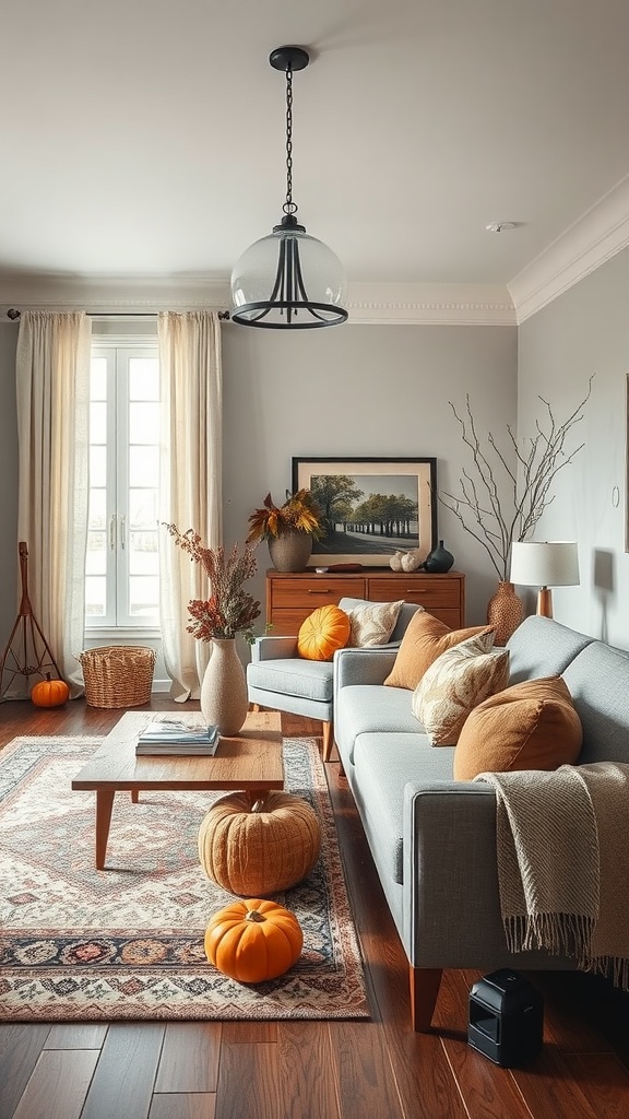 A cozy living room dining room combo featuring fall decor with pumpkins and warm tones.
