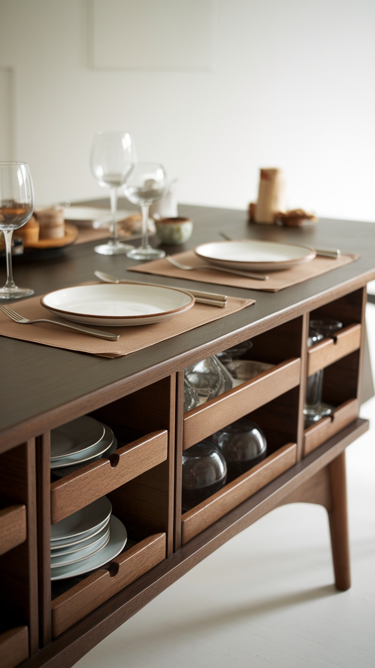 A modern dining table with storage baskets underneath, surrounded by chairs and a stylish chandelier.