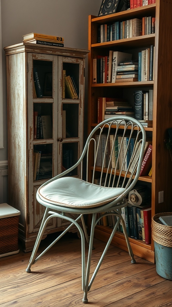 Distressed metal armchair in a cozy living room setting