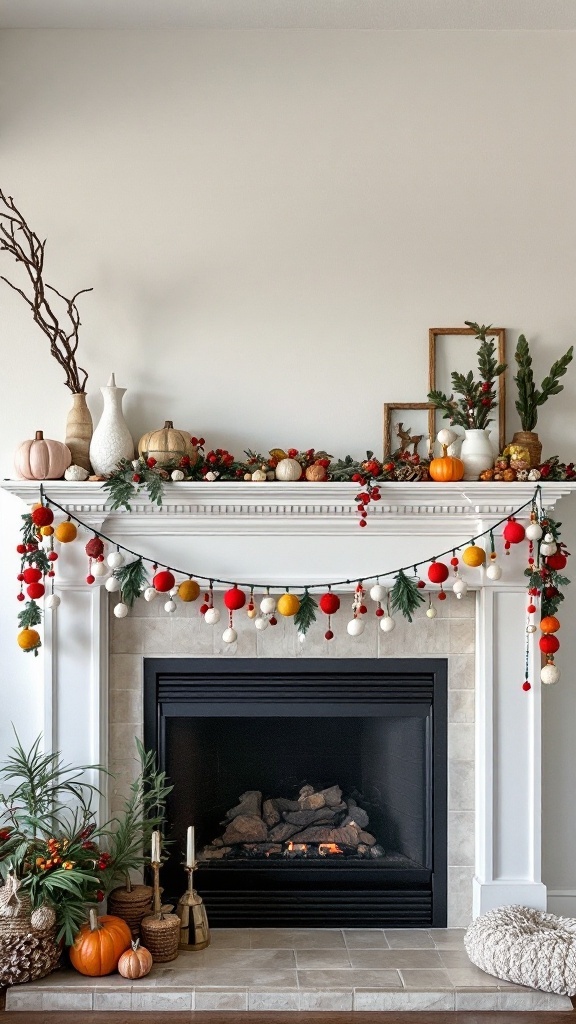 A beautifully decorated mantel featuring a colorful beaded garland and seasonal decor.