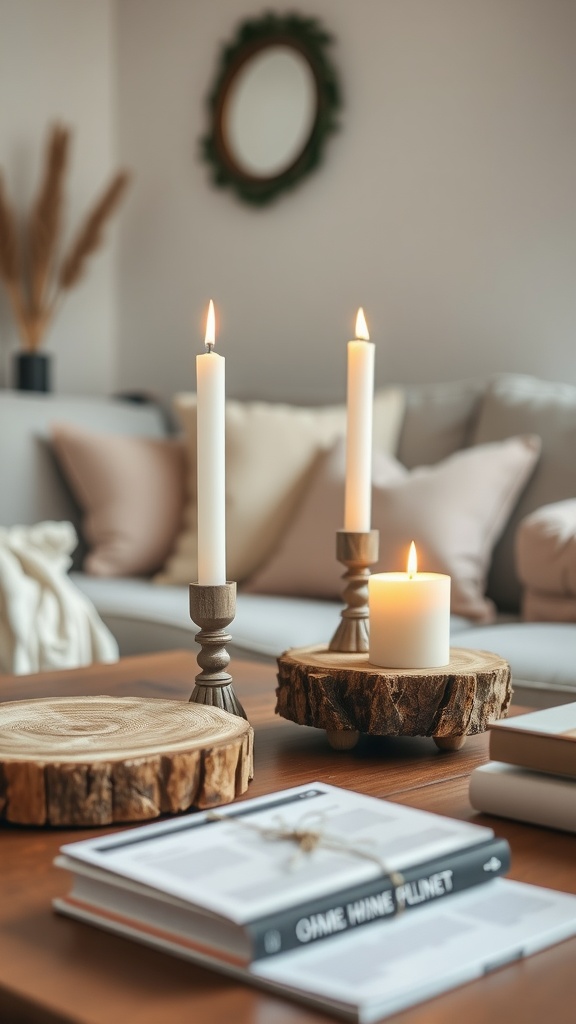 A cozy living room featuring wooden candle holders with candles on a coffee table.