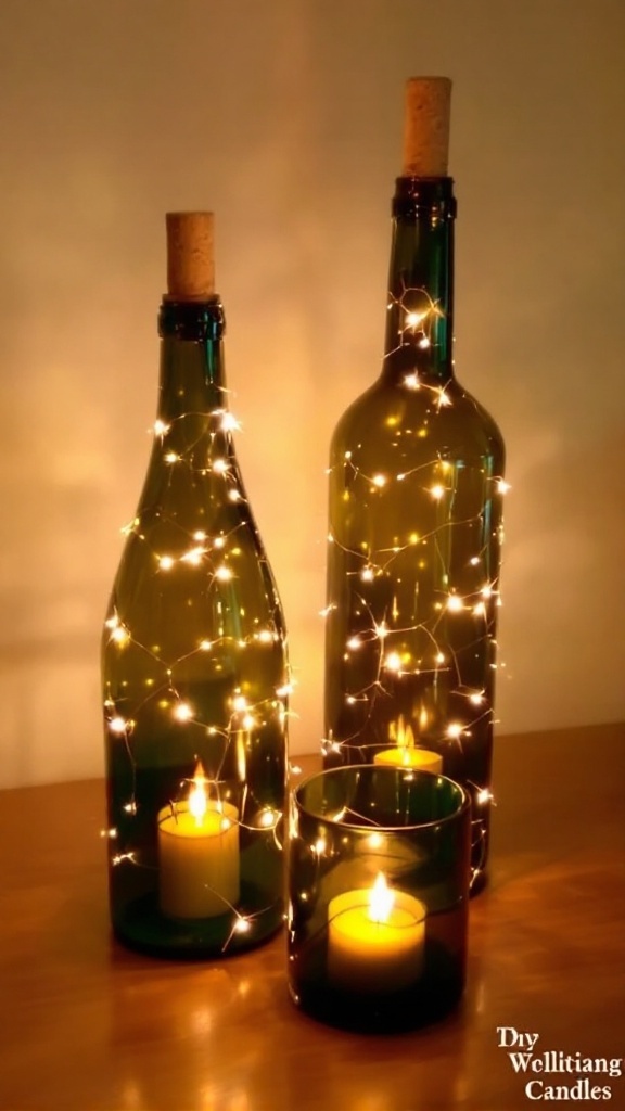 Two wine bottle candle holders with lit candles