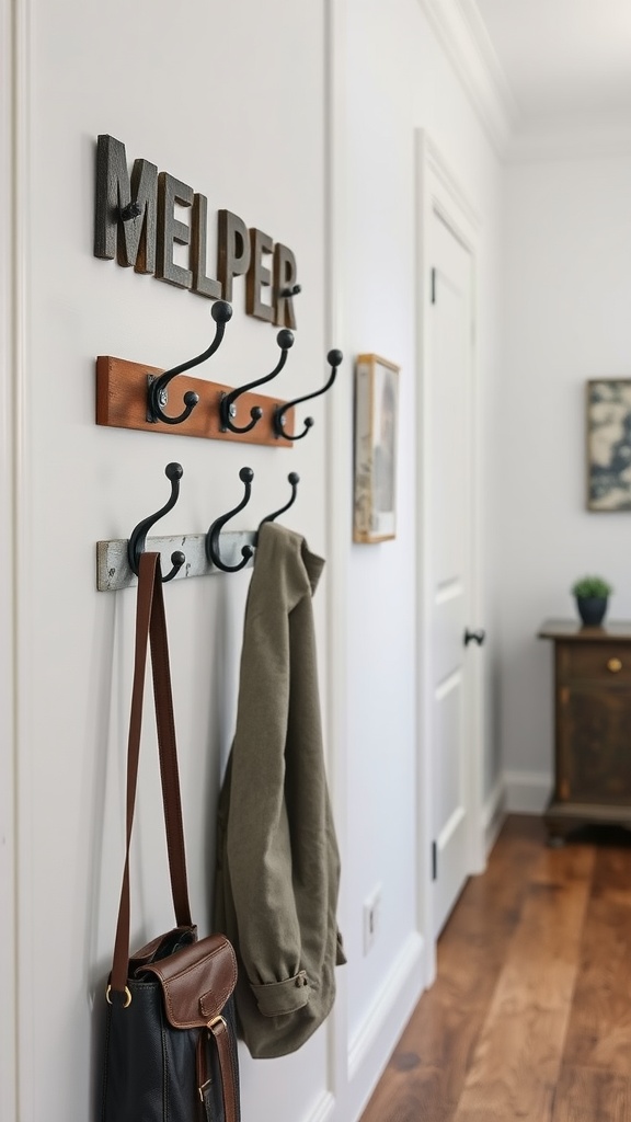 A DIY coat rack made from old hooks, displaying a jacket and a bag, with a wooden sign above.