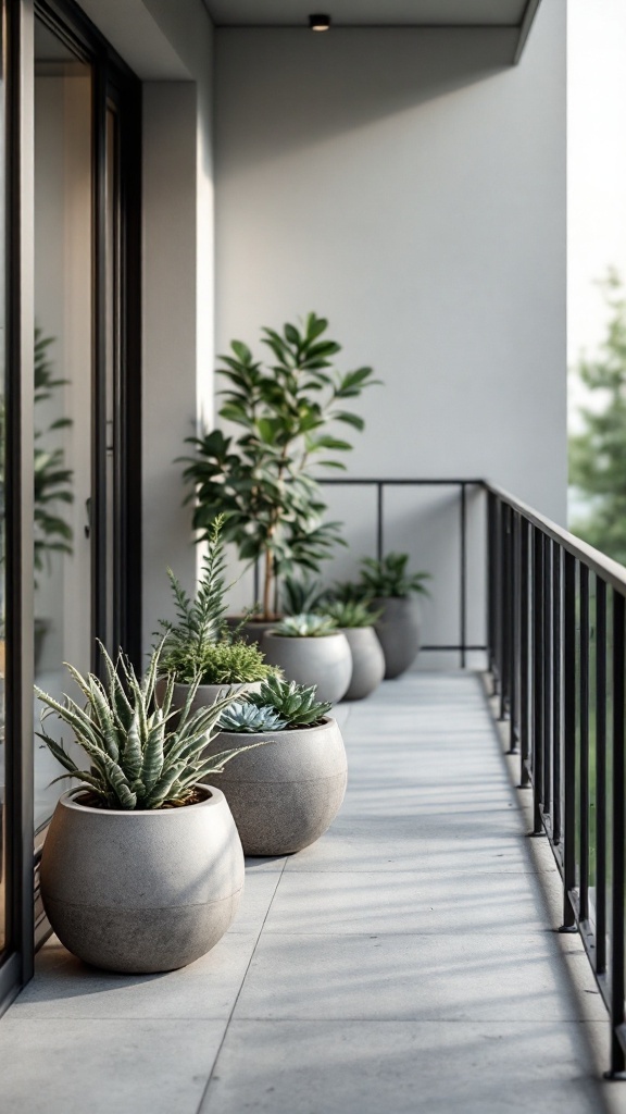 A balcony with various concrete planters filled with plants.