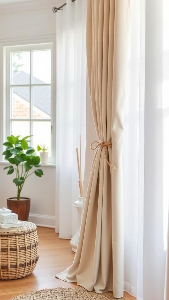 A room with light curtains tied back with natural twine, showcasing a cozy atmosphere