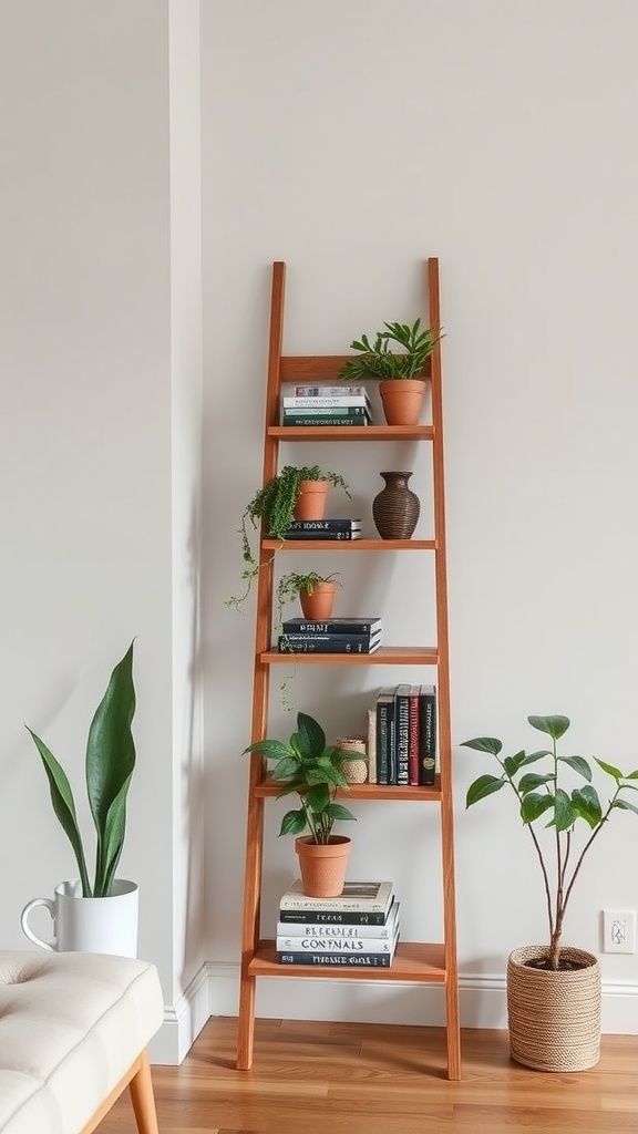 A decorative ladder shelf displaying books and plants in a cozy room