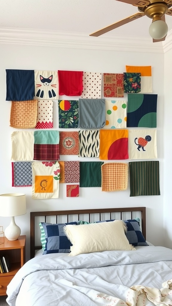Colorful DIY fabric wall art displayed on a wall above a bed.