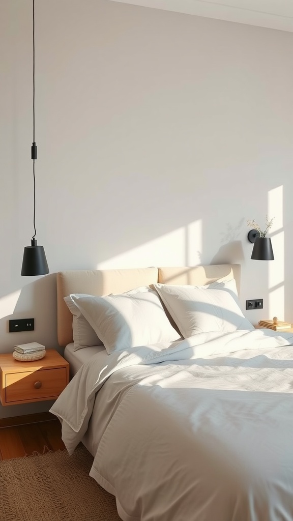 A modern bedroom featuring floating nightstands and pendant lights.