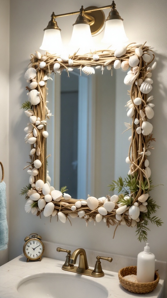 A beautifully crafted mirror framed with twine and seashells, adding a coastal charm to the decor.