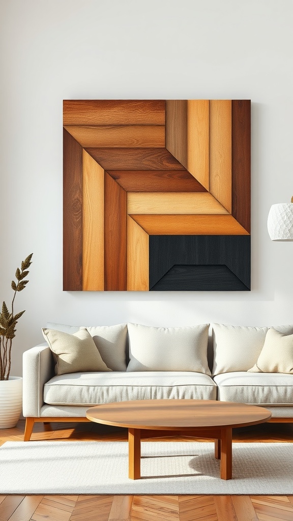Geometric wall art made of various wood tones displayed above a cozy couch in a bright room.