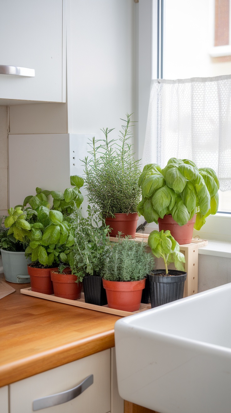Indoor herb garden with pots of plants on a windowsill