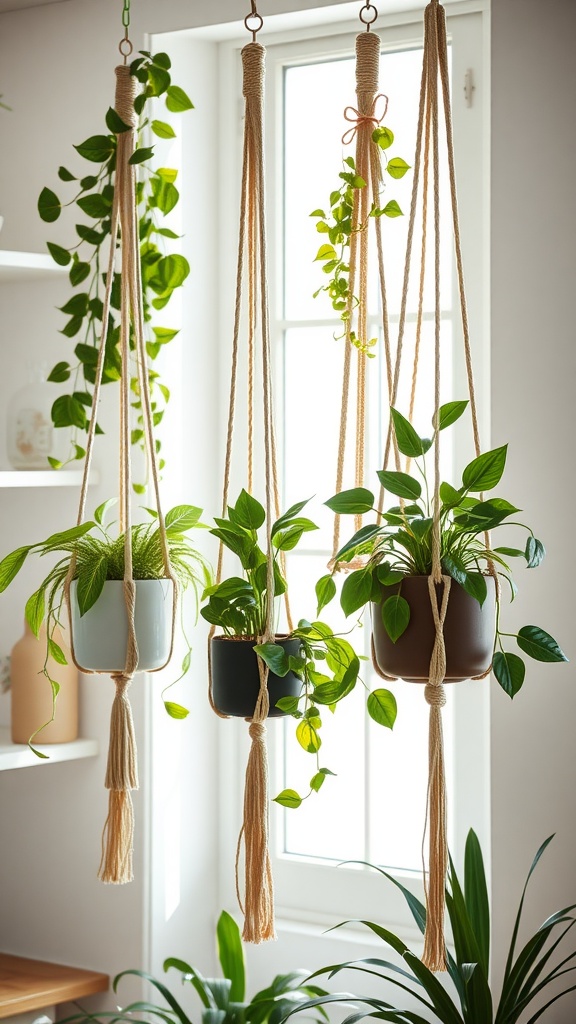 Three macramé plant hangers with various plants, hanging in front of a window.