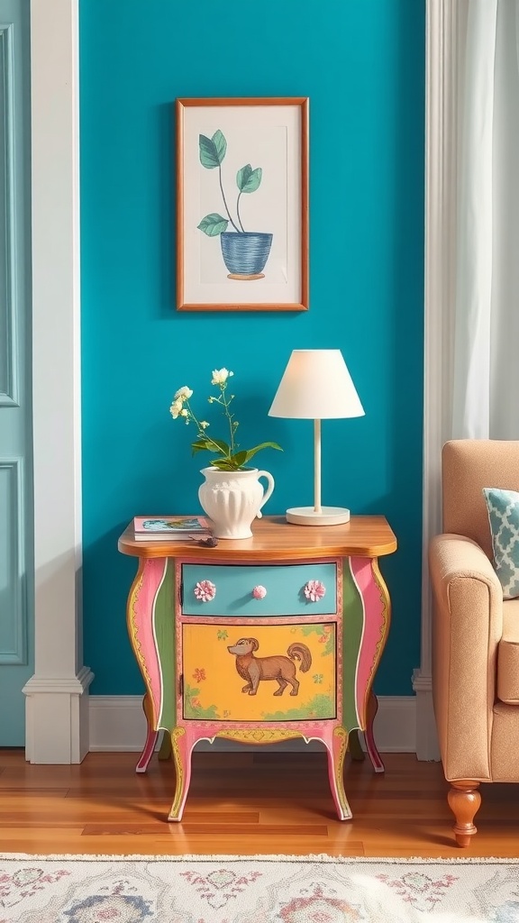 A colorful DIY painted nightstand with dog illustration
