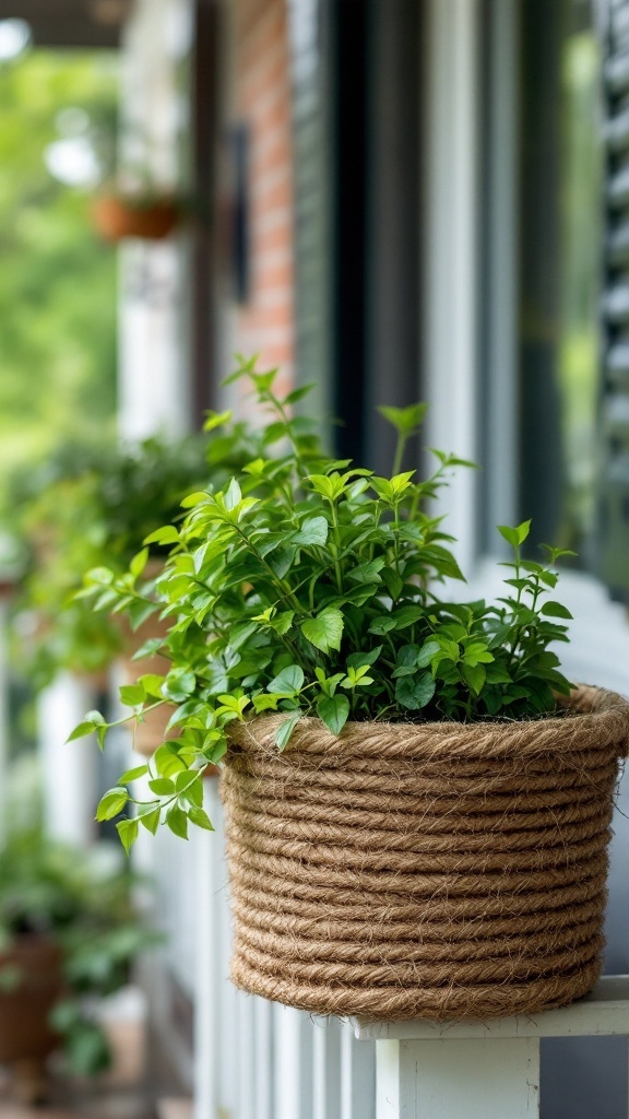 A rope-wrapped planter with vibrant green plants.