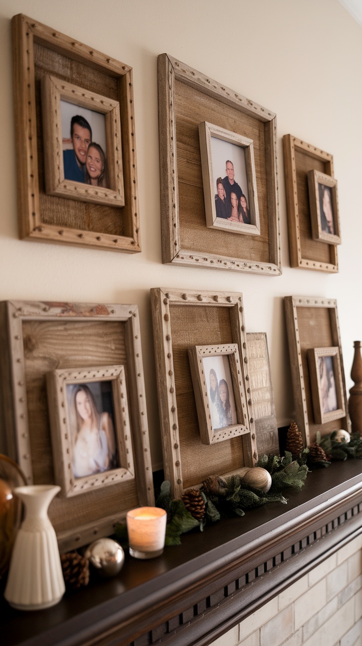 Two rustic wooden picture frames with black-and-white photos on a mantel.