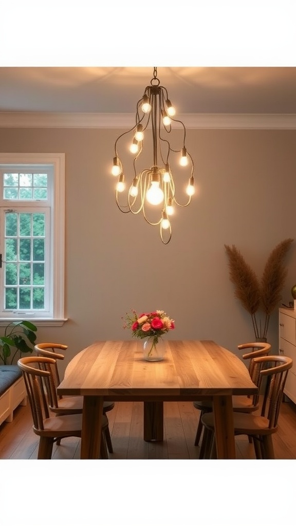 A DIY string light chandelier hanging over a wooden dining table, illuminated bulbs creating a cozy atmosphere.