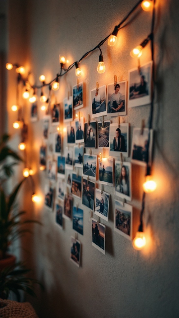 A wall adorned with string lights and photos, creating a warm and cozy atmosphere.
