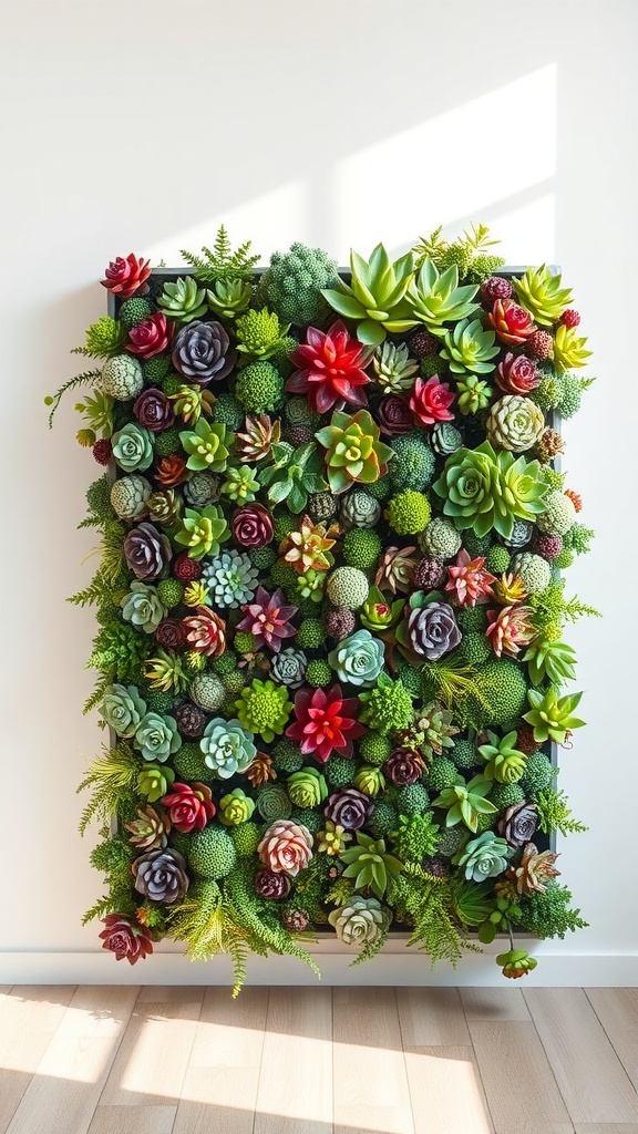 A vibrant DIY succulent wall display filled with various artificial succulents and greenery.