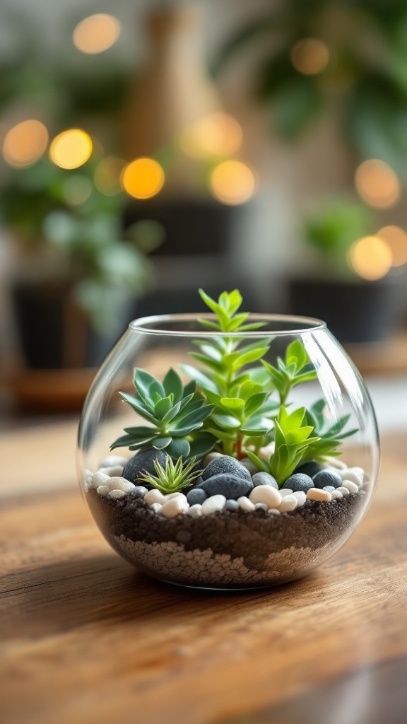 A beautiful terrarium featuring small succulents, rocks, and white pebbles in a glass container.