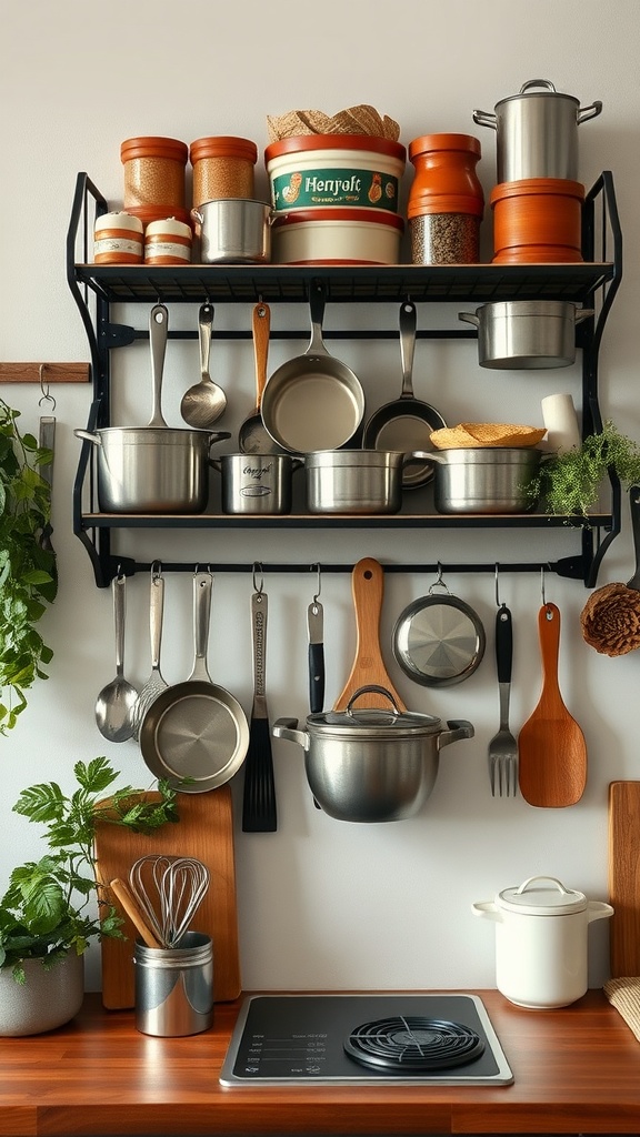 A stylish wall-mounted pot rack displaying pots, pans, and utensils in a cozy kitchen setting.