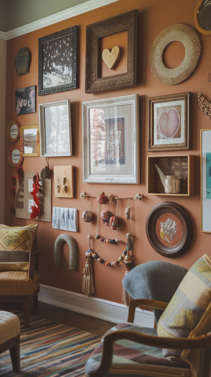 Colorful DIY gallery wall art display with various framed artworks and decor